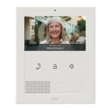 Video intercom screen showing an incoming call from Main Entrance, with call/lock/speaker icons and a dotted speaker grille below.
