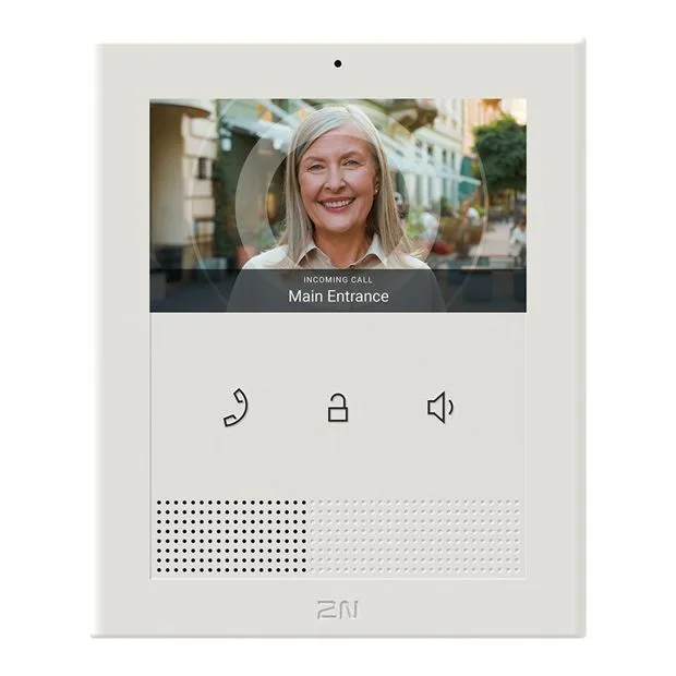 Video intercom screen showing an incoming call from Main Entrance, with call/lock/speaker icons and a dotted speaker grille below.