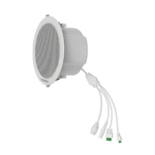 White circular in-wall/in-ceiling speaker with a perforated metal grille and multiple plug-in cables attached.