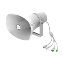 Public address horn speaker mounted on a metal bracket with multiple cables and connectors attached